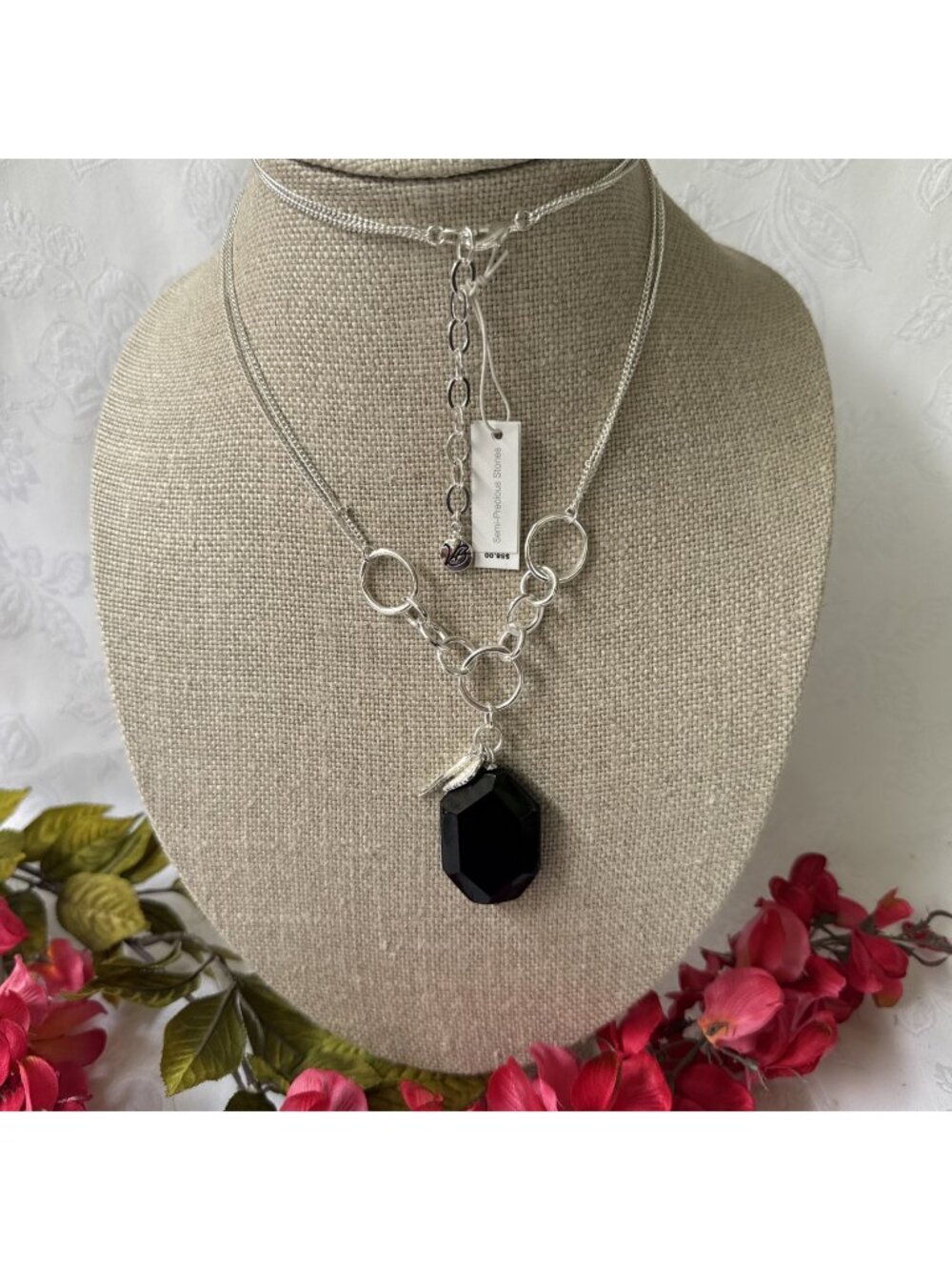 Vera Bradley SilverTone Black Stone Semi Precious Pendant 37" Long Necklace NEW
